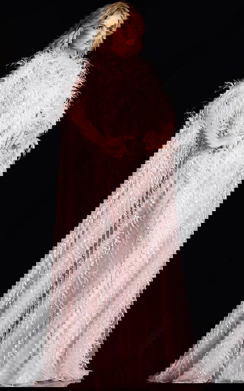 Glamorous feather and sequin dress with high neckline