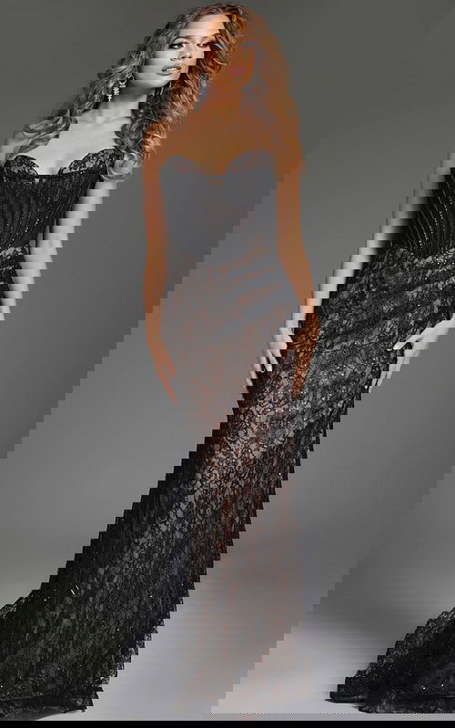 Model wearing Jovani 44609 front view, black lace floor-length gown.