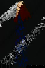 Full-length gown with side slit and blue butterfly beading