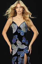 Front view of velvet gown with shimmering butterfly embellishments