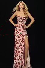 Strapless floral beaded prom dress with lace-up back and high slit