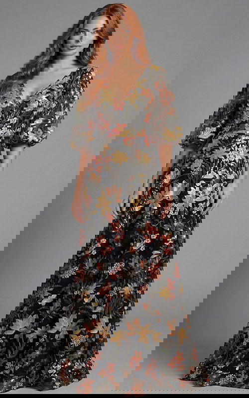 Floral gown with fitted back bodice and flowing hemline