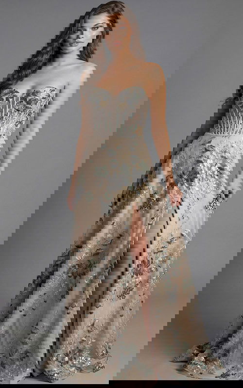 Strapless floral embroidered evening gown with corset bodice shown from the front