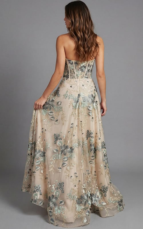 Back view of strapless evening gown with structured corset detailing and flowing skirt