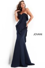 Model wearing Jovani 4466 navy dress with mermaid silhouette featuring a sweetheart neckline.
