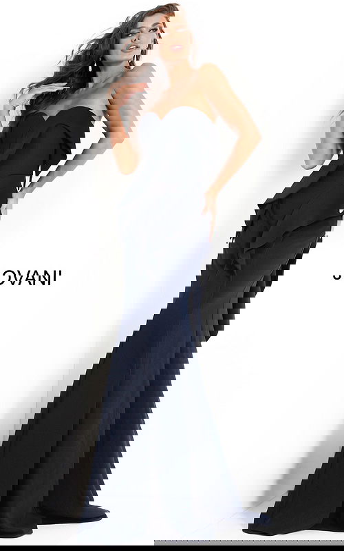 Model wearing Jovani 4466 navy dress with mermaid silhouette featuring a sweetheart neckline.