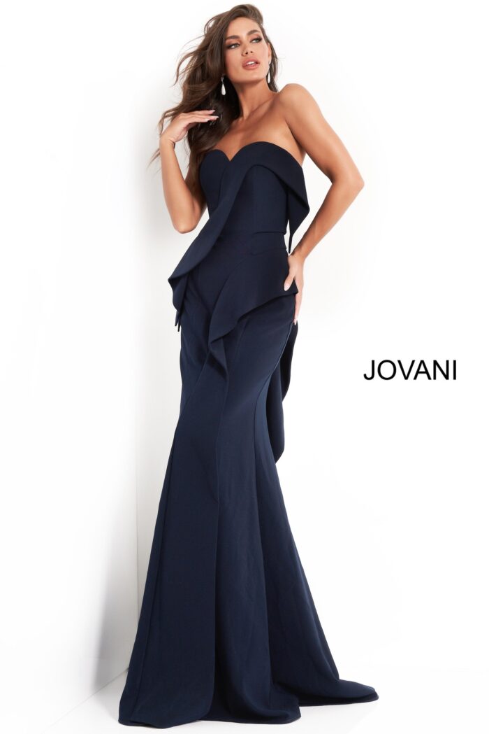 Model wearing Jovani 4466 navy dress with mermaid silhouette featuring a sweetheart neckline.