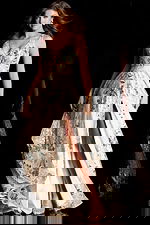 Long embroidered gown with side slit and delicate pastel flower patterns