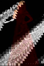 Off shoulder metallic gown with textured jacquard fabric and flared skirt