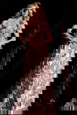 Elegant formal dress featuring shimmering gold and mauve pattern design