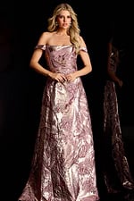 Elegant formal dress featuring shimmering gold and mauve pattern design
