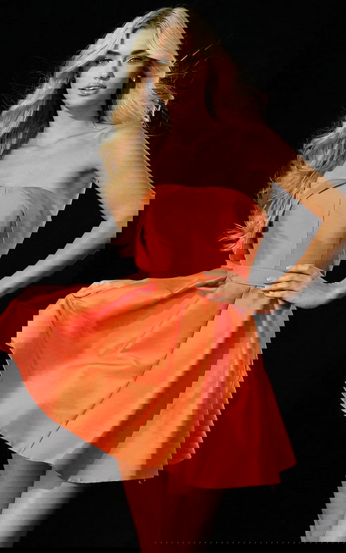 trapless satin fit and flare dress with structured bodice and flared skirt