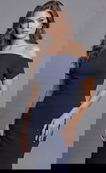 Back view of Jovani 44729 navy blue off-the-shoulder mermaid evening gown featuring seamed bodice detailing, zipper closure, and flared floor-length skirt.