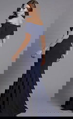 Jovani 44729 navy blue off-the-shoulder mermaid evening gown with short sleeves and floor-length fitted silhouette.