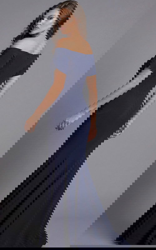 Jovani 44729 navy blue off-the-shoulder mermaid evening gown with short sleeves and floor-length fitted silhouette.