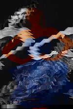 Strapless layered organza dress with beaded bodice and crystal belt