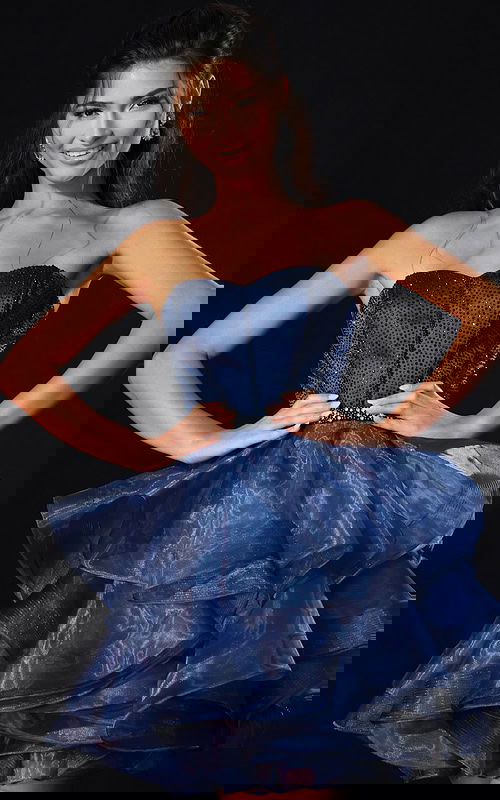 Strapless layered organza dress with beaded bodice and crystal belt