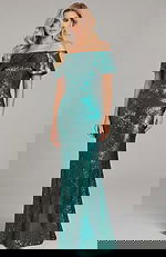 Off shoulder column gown with structured bodice and metallic texture