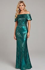 Off shoulder column gown with structured bodice and metallic texture