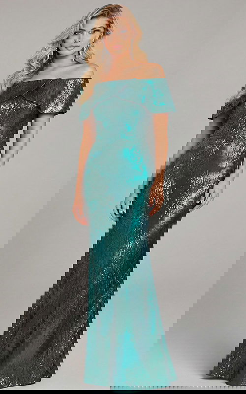 Off shoulder column gown with structured bodice and metallic texture