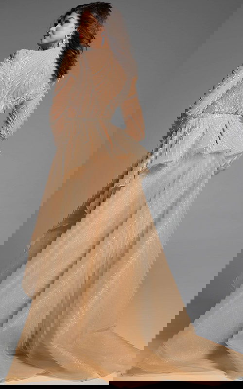 Back view of a beaded gown featuring layered tulle details and a fitted silhouette.