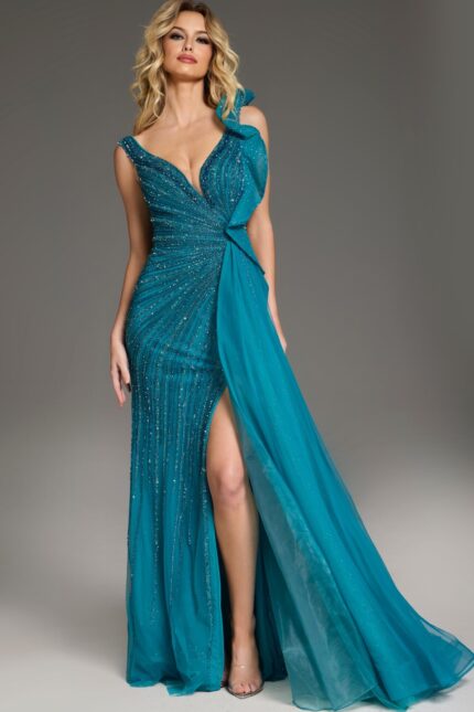 Model wearing Jovani 44846 blue gown with V-neckline and slit from a front angle