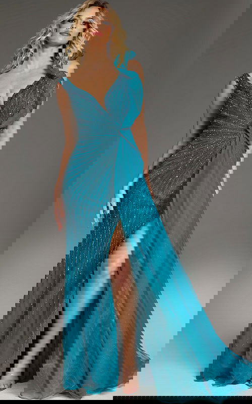 Model wearing Jovani 44846 blue gown with V-neckline and slit from a front angle