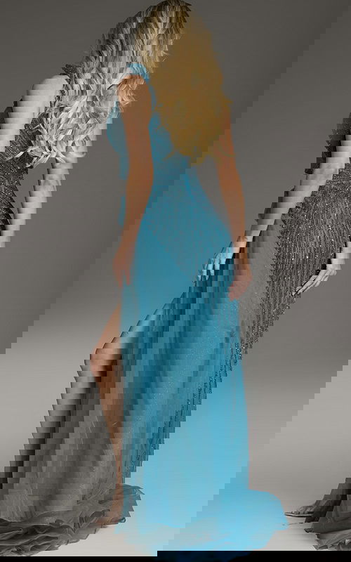 Model wearing Jovani 44846 blue gown from a back angle showcasing elegant design