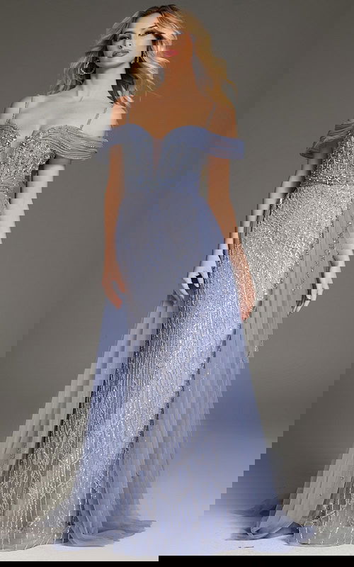 Model wearing Jovani 44845 blue gown with intricate beading and off-the-shoulder neckline.