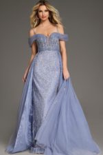 Close-up of Jovani 44845 blue gown, highlighting detailed beading and fitted bodice.