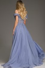 Back view of Jovani 44845 blue gown, showcasing flowing tulle skirt and elegant design.