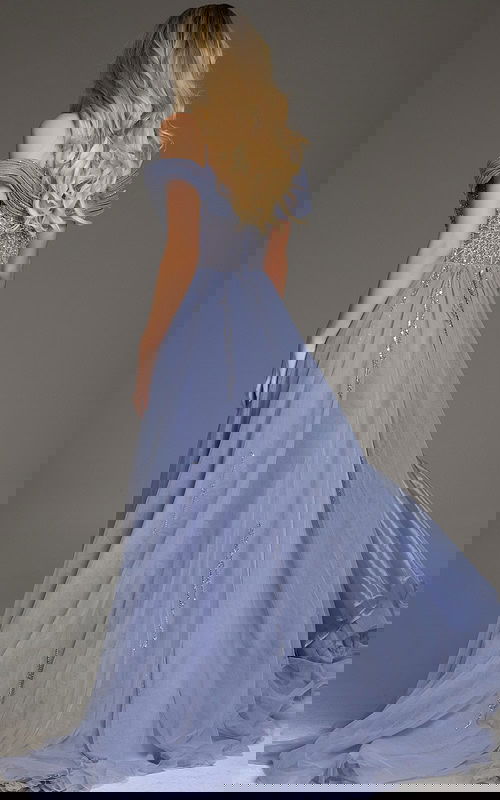 Back view of Jovani 44845 blue gown, showcasing flowing tulle skirt and elegant design.