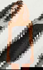 Front view of strapless fitted mini dress with floral beading and clean structured silhouette