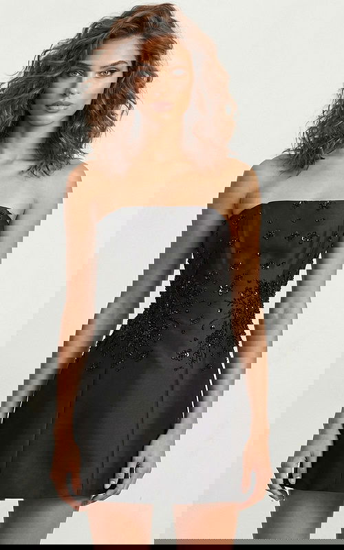 Front view of strapless fitted mini dress with floral beading and clean structured silhouette