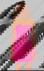 Front view of strapless fitted dress with floral beading and clean structured skirt