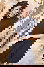 Front view of elegant short black dress with cap sleeves and flared skirt