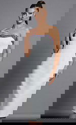 Jovani 44894 white strapless midi cocktail dress with multicolor jeweled neckline trim featuring blue, pink, and crystal embellishments along the curved bustline.