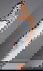 front view of Jovani 44894 white strapless midi dress highlighting the multicolor gemstone embellished neckline with blue, fuchsia, and silver crystal detailing.