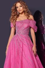 Model wearing Jovani 45067 fuchsia gown with detailed bodice and off-the-shoulder sleeves, close-up front view.