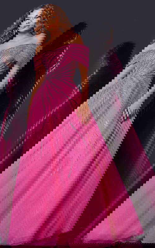 Model wearing Jovani 45067 fuchsia gown with off-the-shoulder neckline and beadwork, front view.