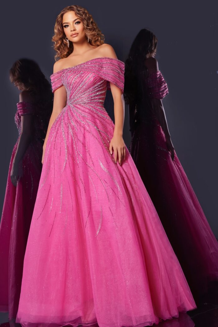 Model wearing Jovani 45067 fuchsia gown with off-the-shoulder neckline and beadwork, front view.