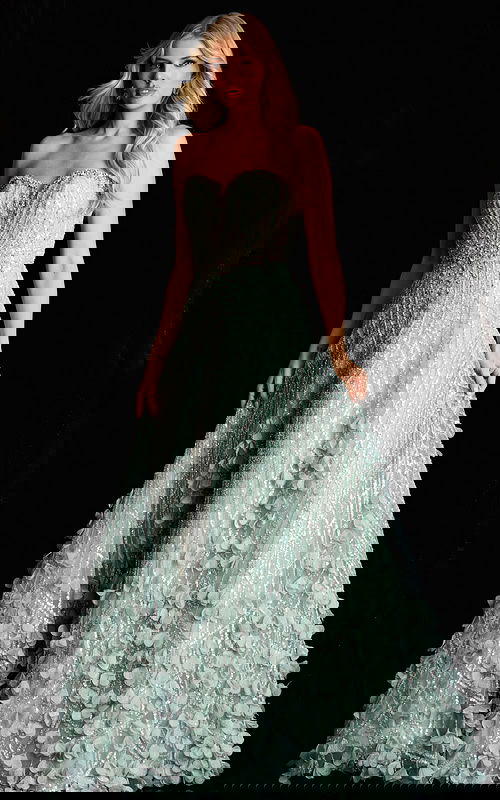 Strapless beaded gown with 3D floral appliqués