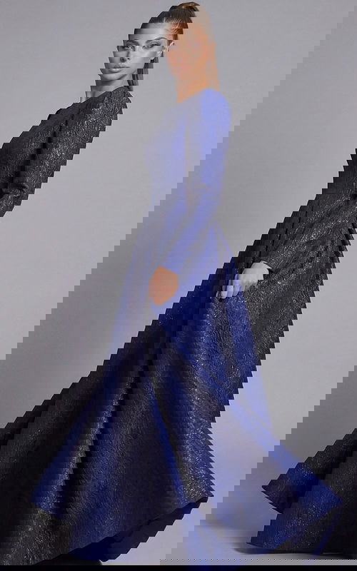 Structured Jovani modest evening dress with textured fabric and fitted bodice