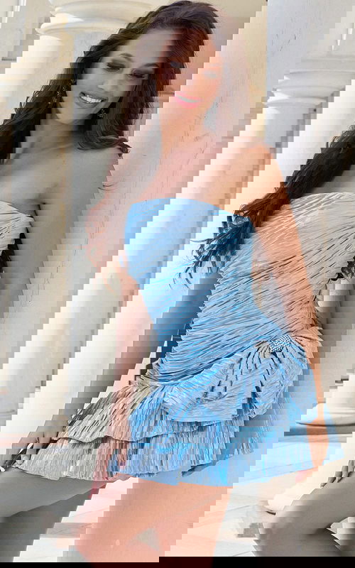 Ruched blue mini dress with ruffled skirt and bow