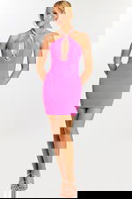 Front view of short fitted halter dress with rhinestone neckline