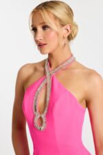 Chaparo Slit Neckline Jewelry Button Flared Dress ワンピース Hot Pink Ruffle Shoulders Chiffon Short Dress 26139 | Jovani
