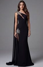 one shoulder black embellished dress 45125