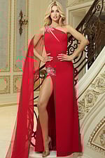 Elegant high slit gown with beaded detailing and flowing drape
