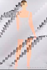 Back view of short floral lace dress with thick straps and square back neckline