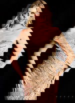 Elegant fitted evening dress with sparkling beaded design and draped neckline